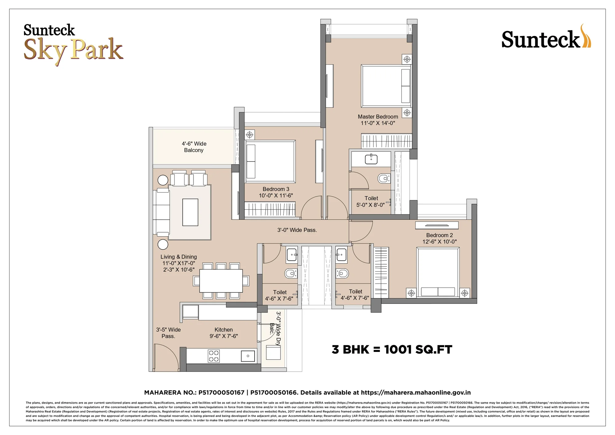 3 BHK – 1,001 sq. ft.