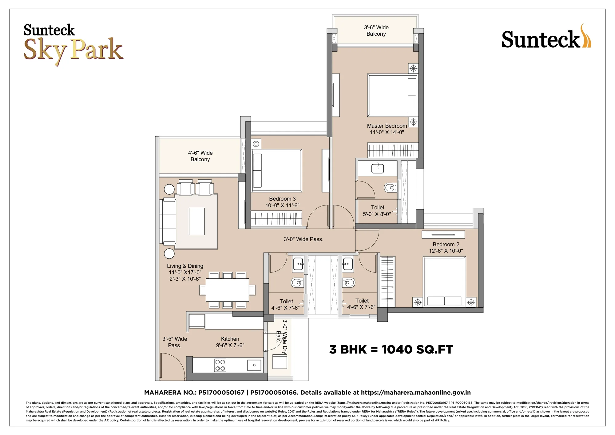 3 BHK – 1,040 sq. ft.