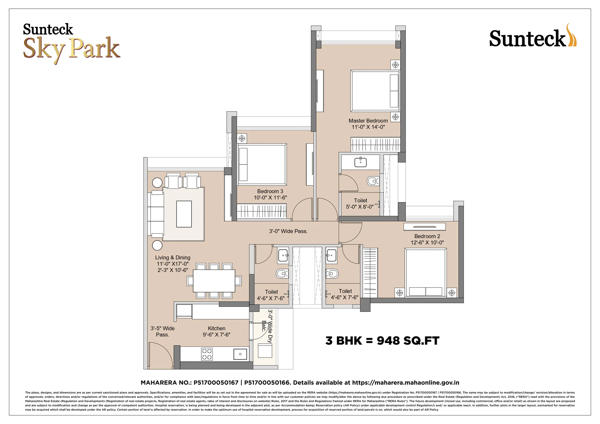 3 BHK – 948 sq. ft.