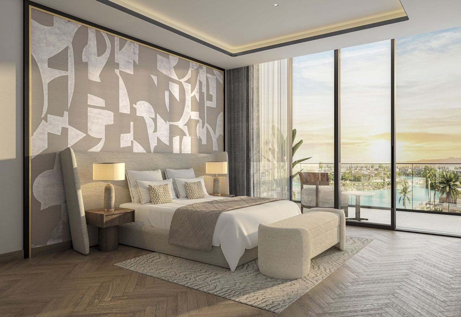 Azizi Venice apartment bedroom with lagoon view