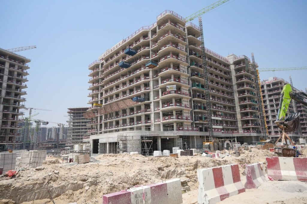 Azizi Venice residential block under construction, September 2026