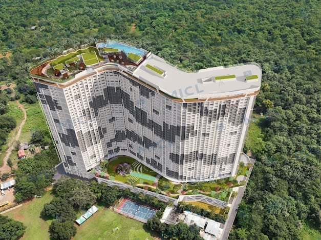 Aerial view of MICL Aaradhya Parkwood with rooftop club and podium garden