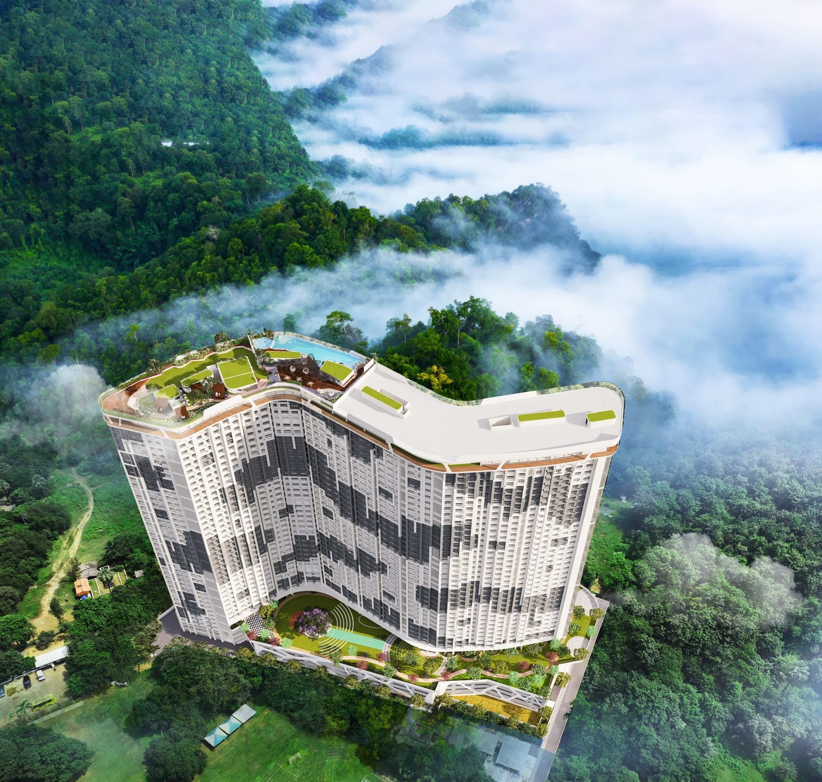 Aerial view of MICL Aaradhya Parkwood with its rooftop amenities, beside Sanjay Gandhi National Park, Dahisar (artist impression)