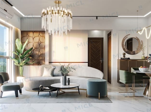 Living and dining room in a MICL Aaradhya Parkwood apartment