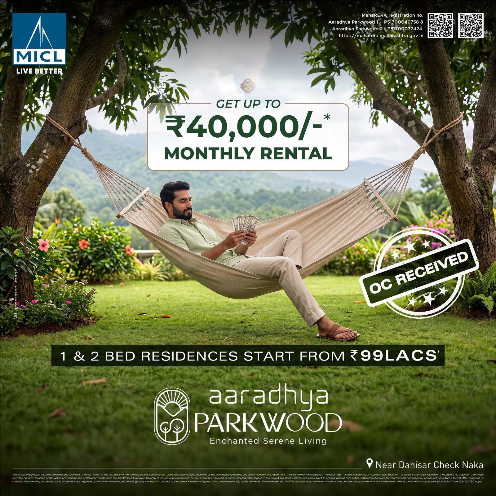 MICL Aaradhya Parkwood OC received, 1 and 2 BHK from 99 lakh near Dahisar Check Naka