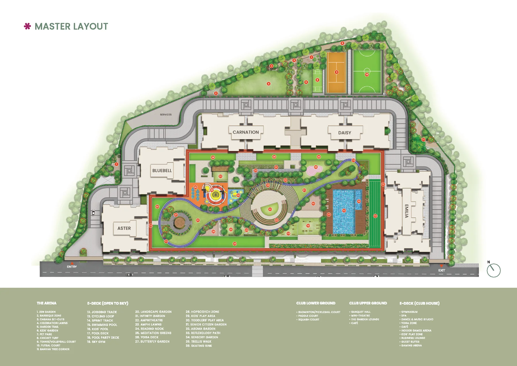 Prestige Garden Trails master layout – Aster, Bluebell, Carnation, Daisy towers