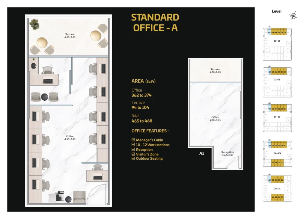 Standard Office Type A floor plan with manager’s cabin and terrace on Sheikh Zayed Road Dubai