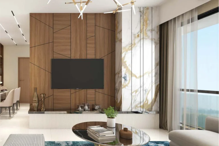 Living room TV wall with marble cladding, 42 Aura Santacruz West 2 BHK flats