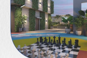 Landscaped entrance courtyard with giant chess board at Gulnar Bandra West