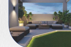 Rooftop lounge deck with fire pit seating at Gulnar Bandra West
