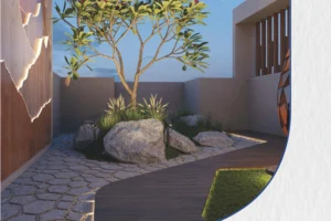 Zen garden landscaping at Gulnar Bandra West, luxury 3 BHK Bandra West