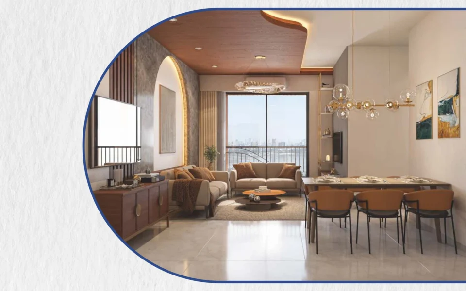 Living and dining room with sea view balcony at Gulnar Bandra West