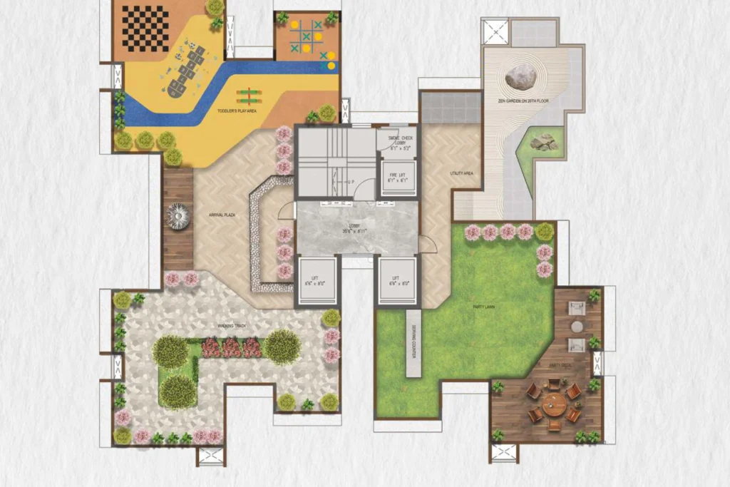 Gulnar Bandra West amenity deck floor plan with party lawn and toddlers play area