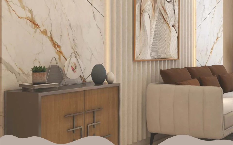 Living room entryway with marble wall at Stellar Crest Santacruz West, 2 & 3 BHK flats on Station Road