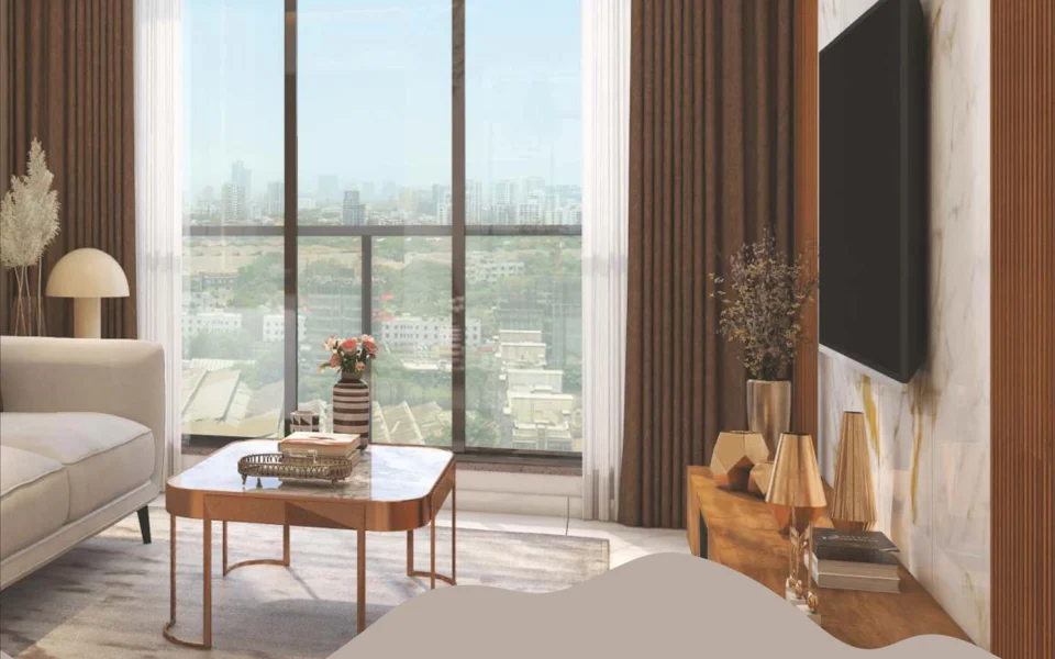 Living room with city view windows at Stellar Crest Santacruz West high rise flats