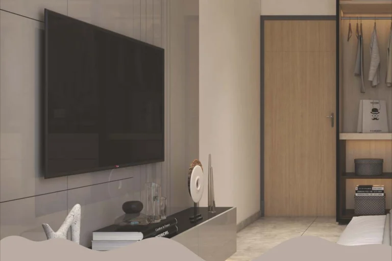 Bedroom TV wall and walk-in wardrobe in 2 BHK flats at Stellar Crest Santacruz West