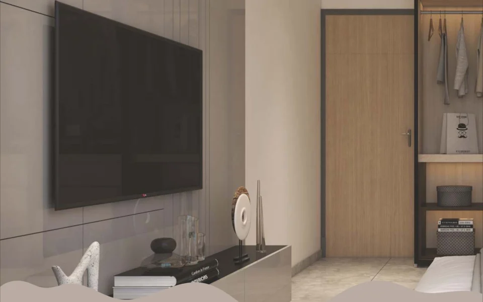 Bedroom TV wall and walk-in wardrobe in 2 BHK flats at Stellar Crest Santacruz West