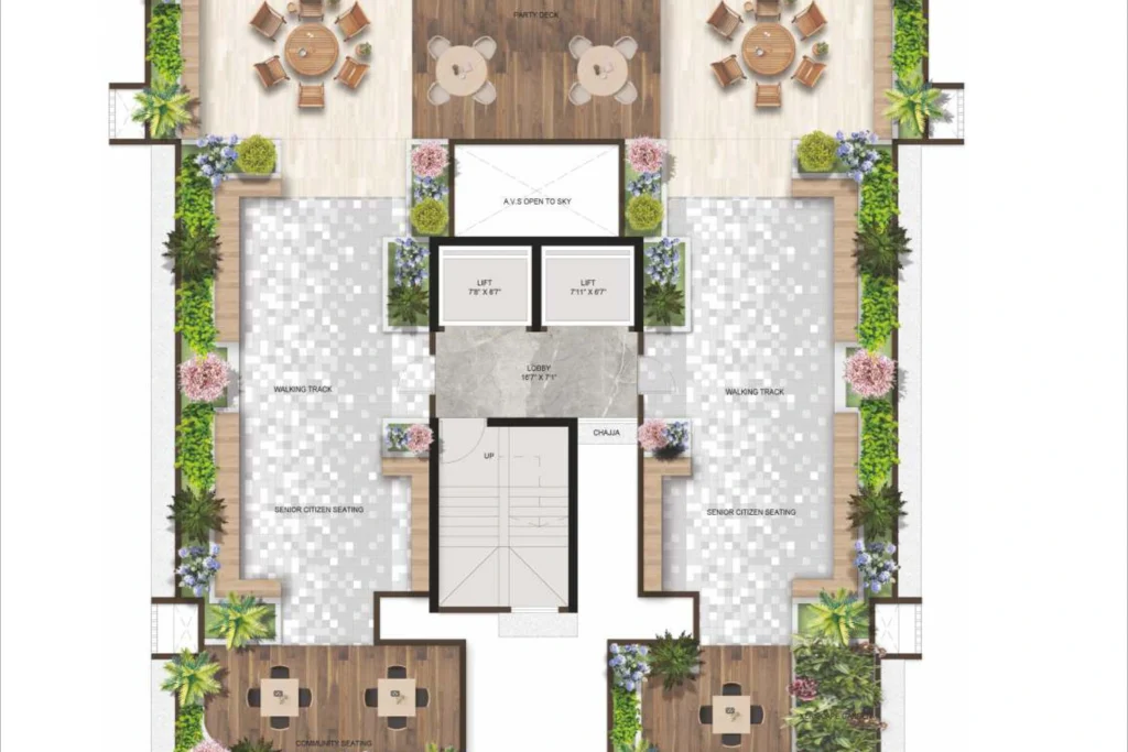 Stellar Crest Santacruz West amenity deck floor plan with party deck and walking track