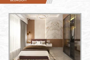 Bedroom with marble accent wall at Vivante Mahim West