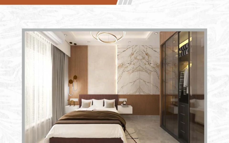 Bedroom with marble accent wall at Vivante Mahim West