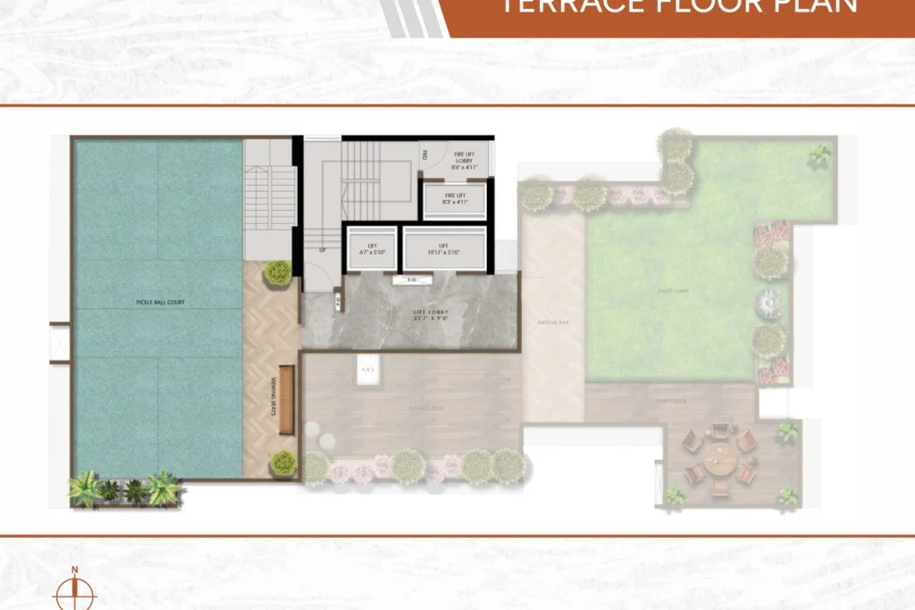 Vivante Mahim West terrace floor plan with pickleball court and party lawn
