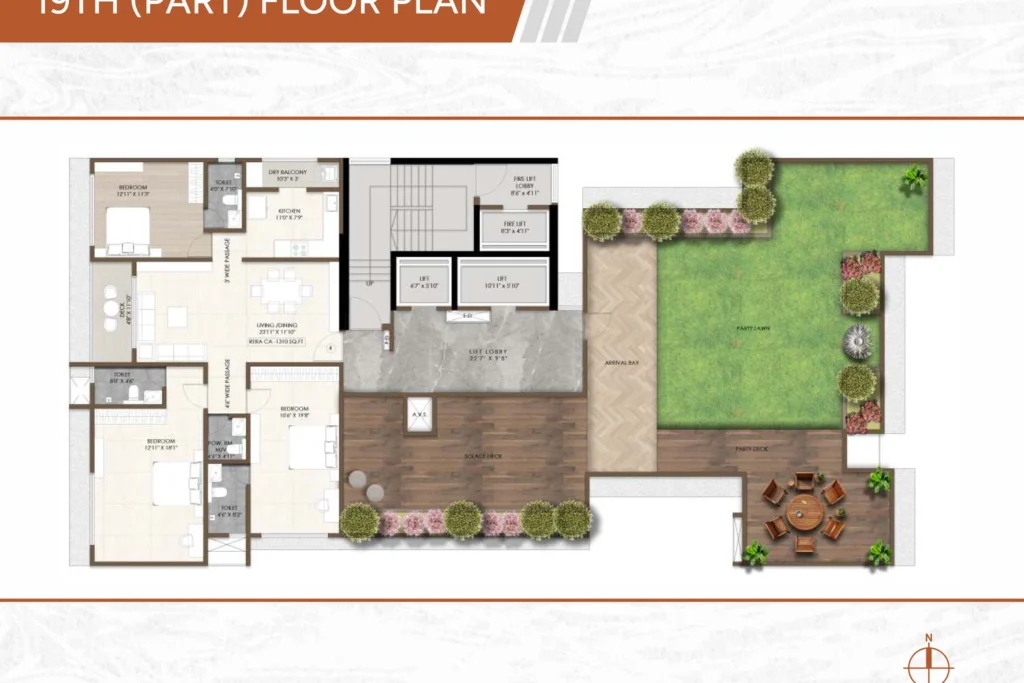 Vivante Mahim West 19th floor plan, 3 BHK flat with solace deck