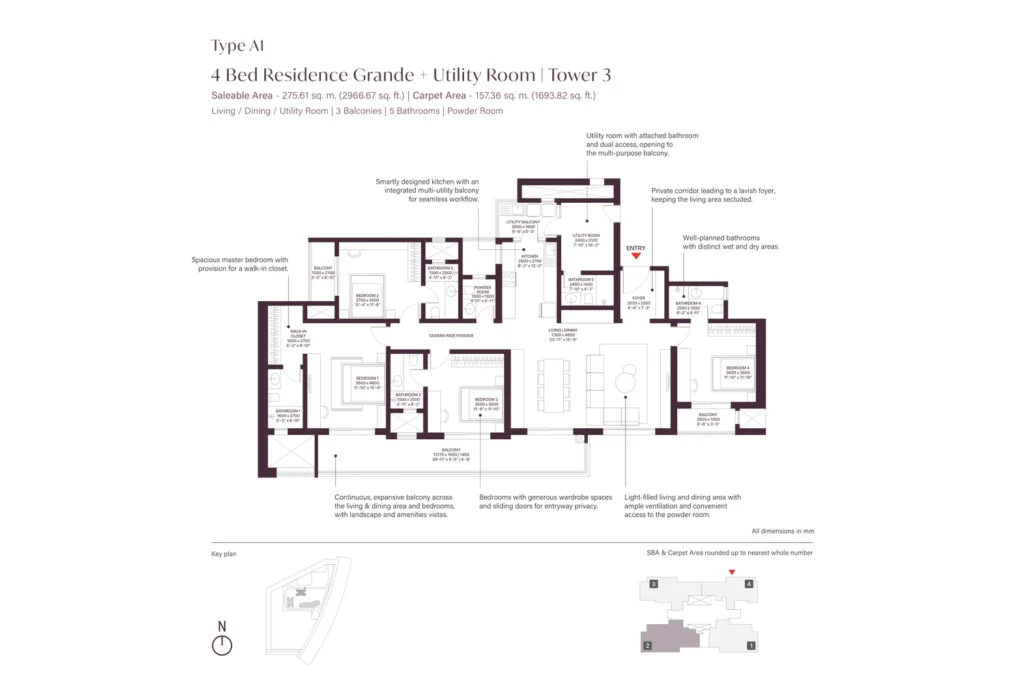 SOBHA Crescent Sector 63A Type A1 4 Bed Grande + Utility floor plan, Tower 3