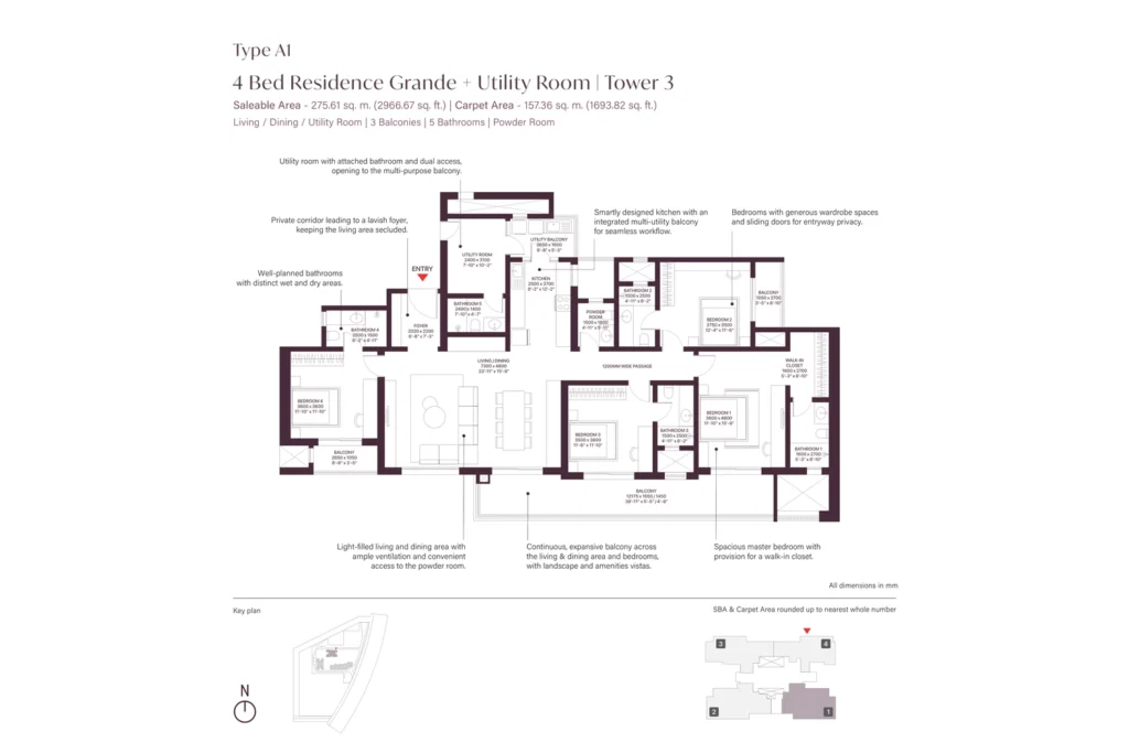 SOBHA Crescent Sector 63A Type A1 4 Bed Grande + Utility floor plan, alternate layout, Tower 3