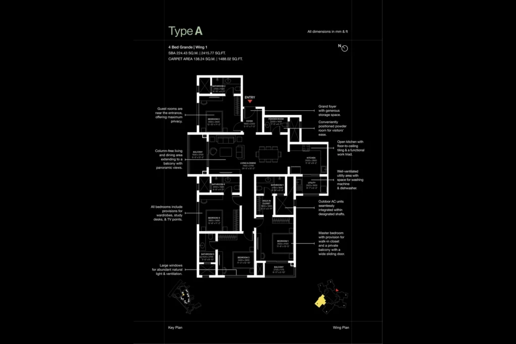 SOBHA OneWorld Hoskote Type A 4 Bed Grande floor plan, Wing 1