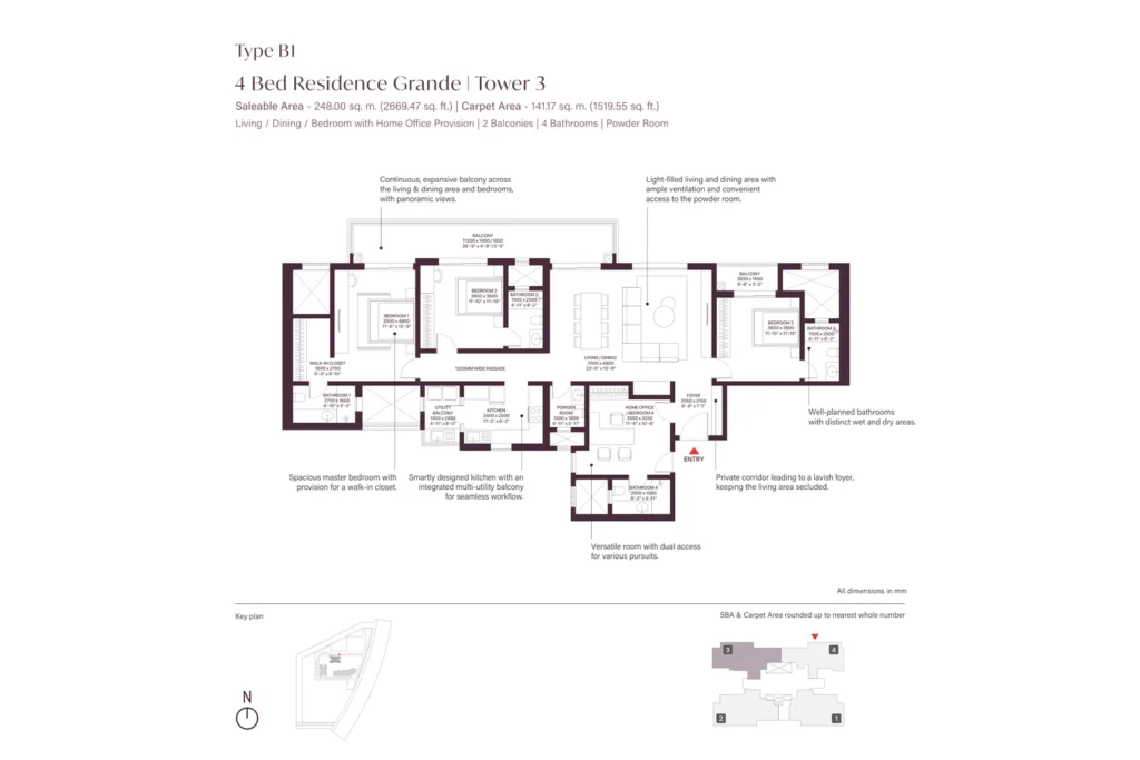 SOBHA Crescent Sector 63A Type B1 4 Bed Grande floor plan, Tower 3