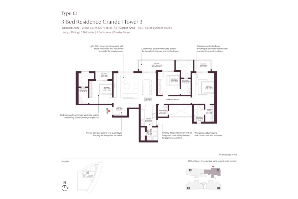 SOBHA Crescent Sector 63A Type C1 3 Bed Grande floor plan, Tower 3