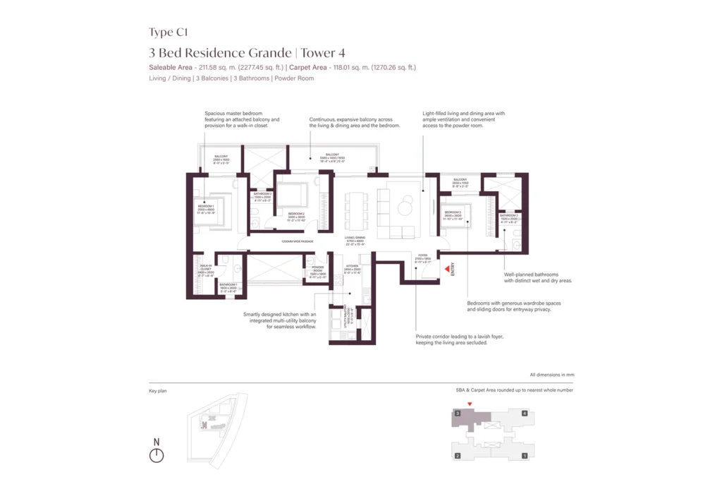 SOBHA Crescent Sector 63A Type C1 3 Bed Grande floor plan, alternate layout, Tower 4