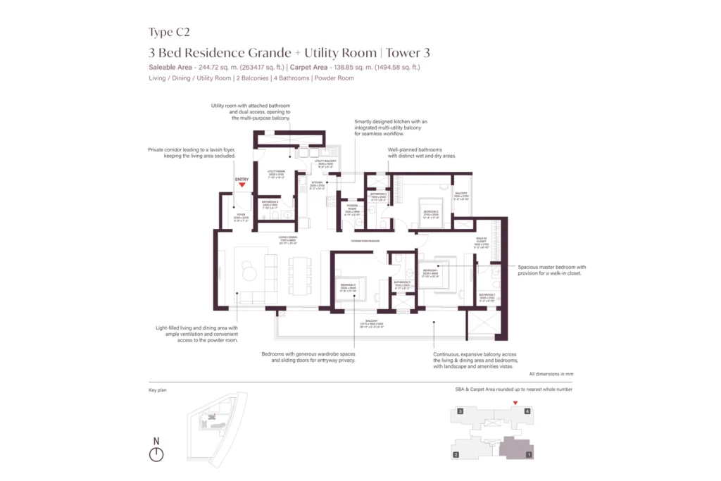 SOBHA Crescent Sector 63A Type C2 3 Bed Grande + Utility floor plan, Tower 3