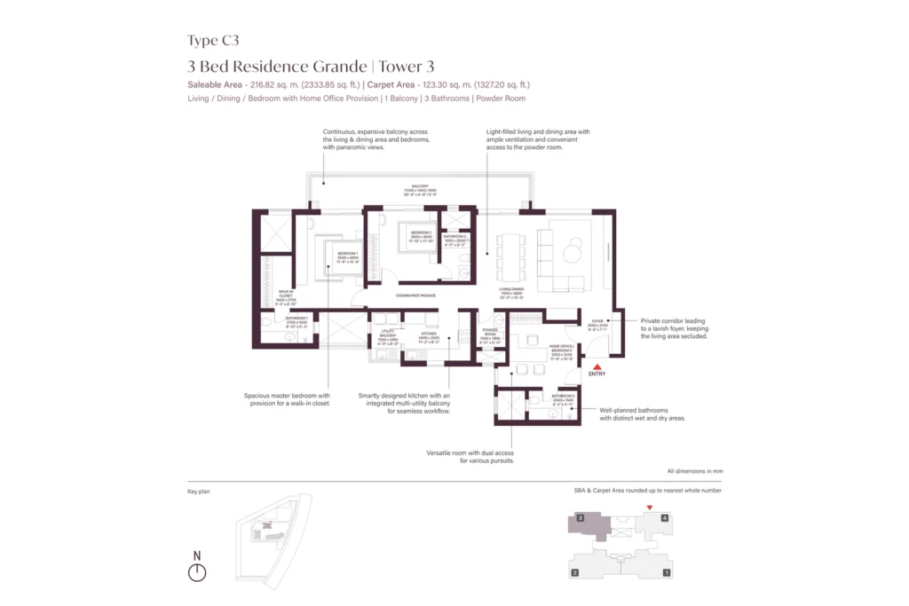 SOBHA Crescent Sector 63A Type C3 3 Bed Grande floor plan, Tower 3