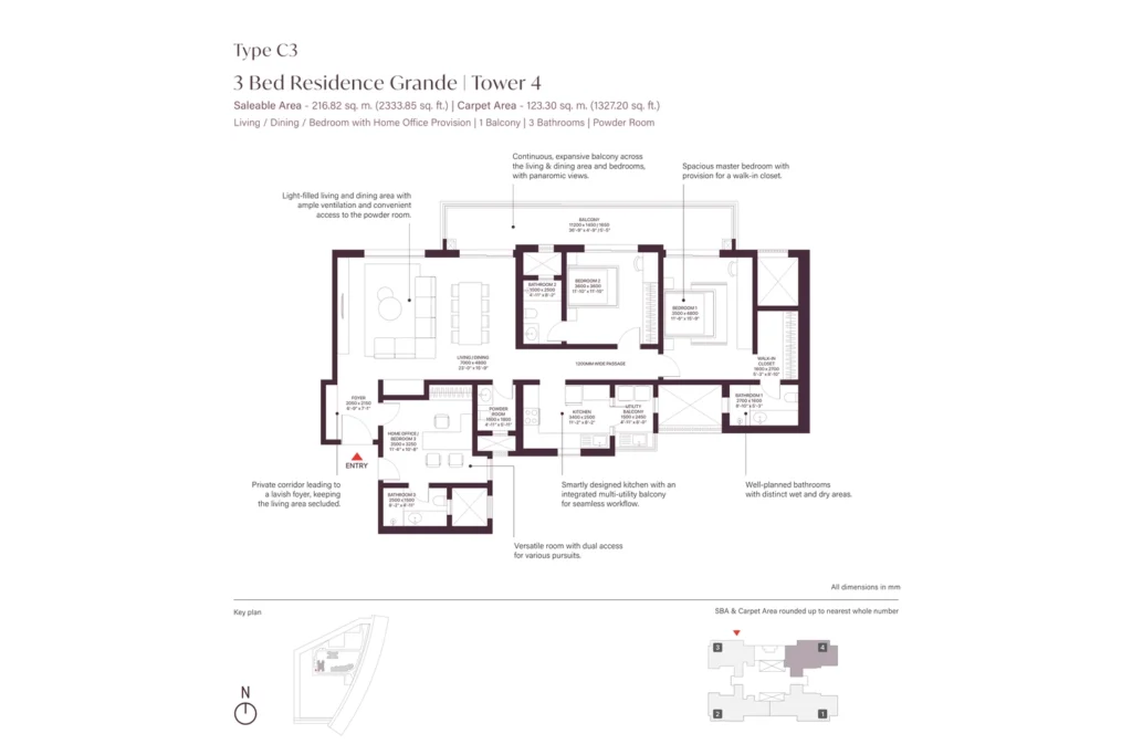 SOBHA Crescent Sector 63A Type C3 3 Bed Grande floor plan, Tower 4