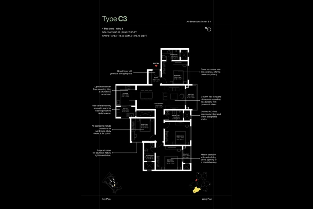 SOBHA OneWorld Hoskote Type C3 4 Bed Luxe floor plan, Wing 8