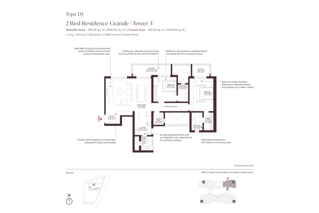 SOBHA Crescent Sector 63A Type D1 2 Bed Grande floor plan, Tower 3