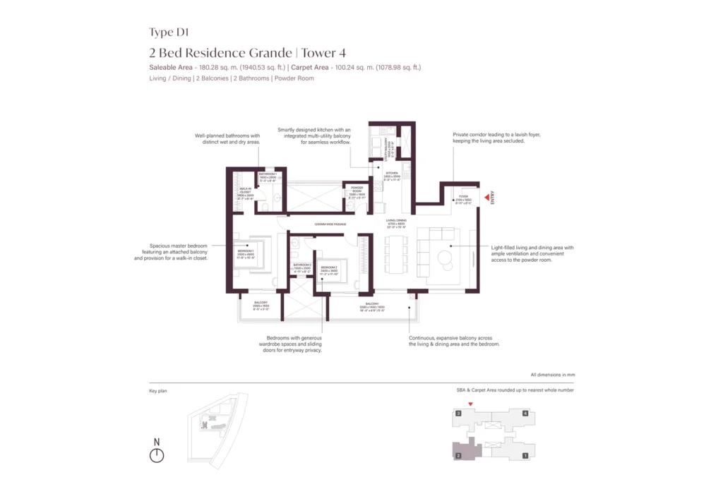 SOBHA Crescent Sector 63A Type D1 2 Bed Grande floor plan, Tower 4