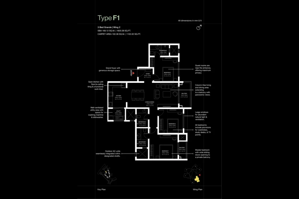 SOBHA OneWorld Hoskote Type F1 3 Bed Grande floor plan, Wing 2