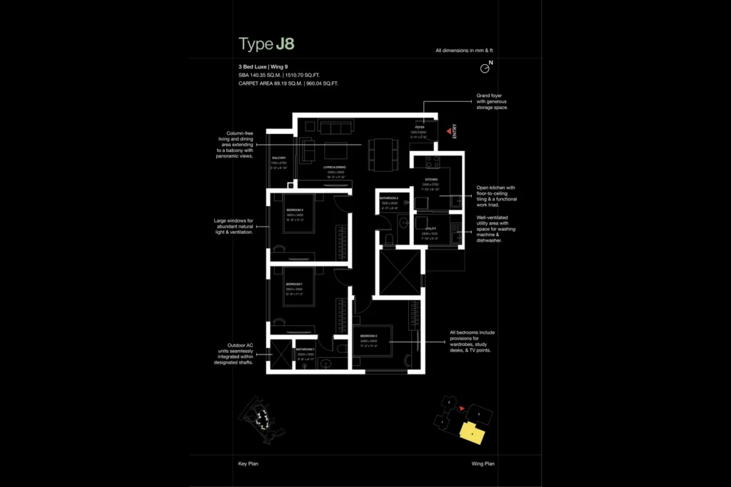 SOBHA OneWorld Hoskote Type J8 3 Bed Luxe floor plan, Wing 9