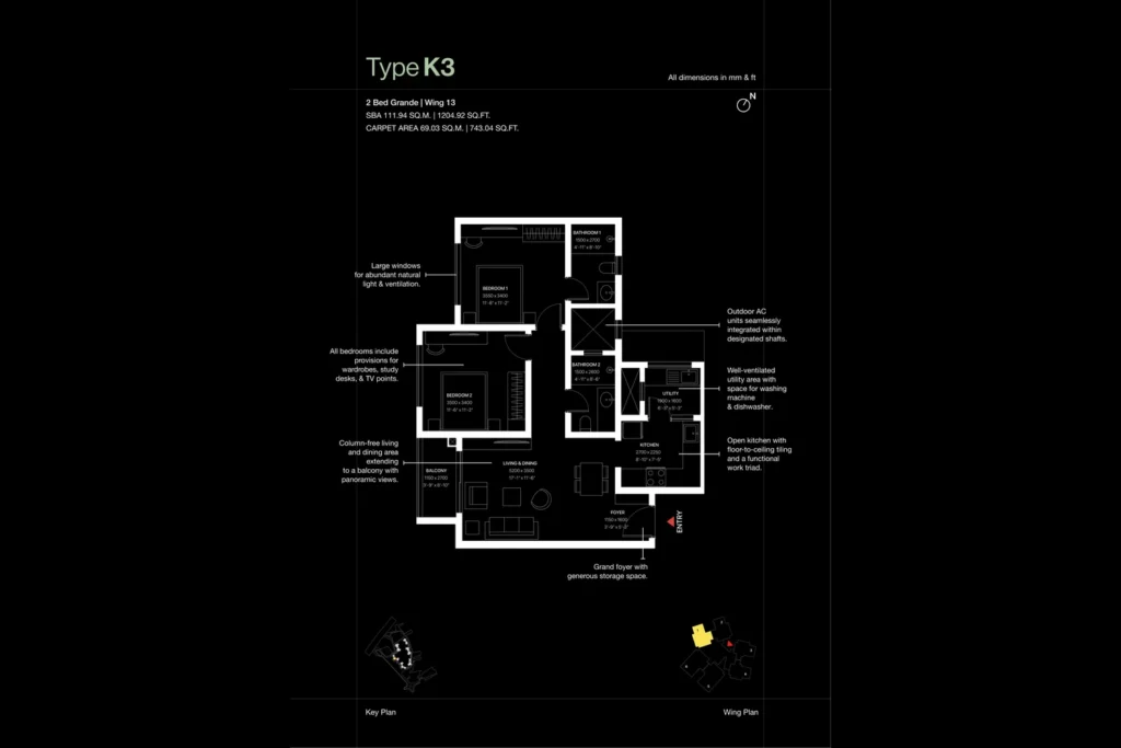 SOBHA OneWorld Hoskote Type K3 2 Bed Grande floor plan, Wing 13