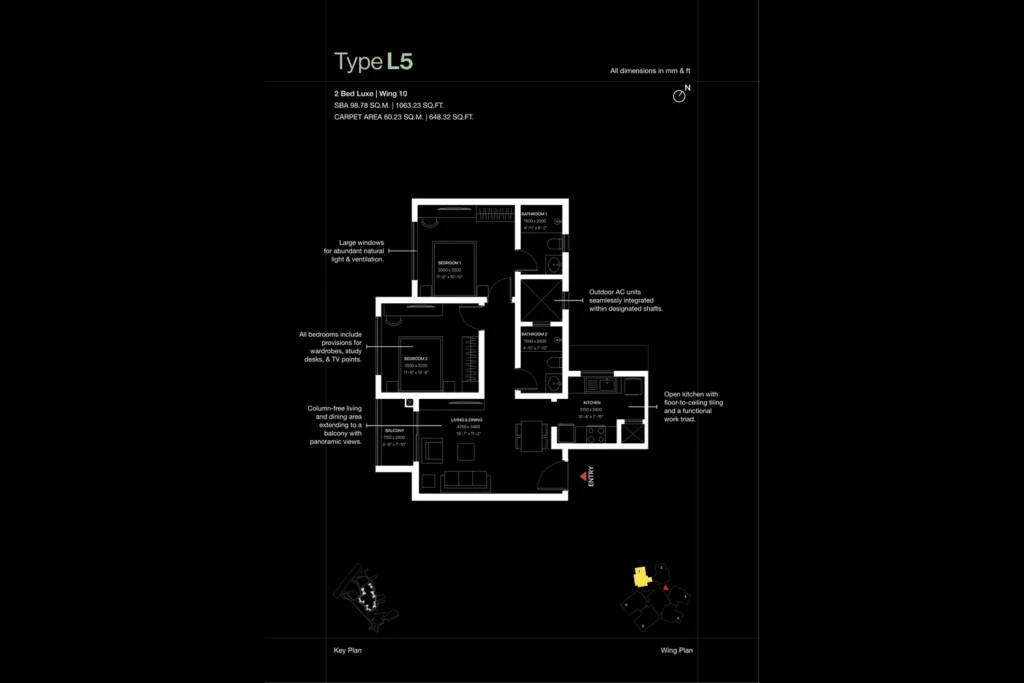SOBHA OneWorld Hoskote Type L5 2 Bed Luxe floor plan, Wing 10