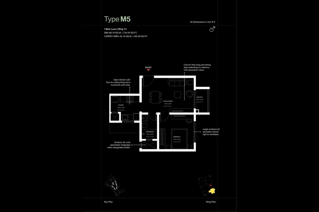 SOBHA OneWorld Hoskote Type M5 1 Bed Luxe floor plan, Wing 14