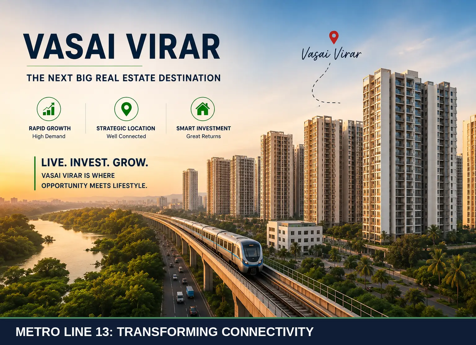 Metro Line 13 Vasai-Virar connectivity map with train and residential towers