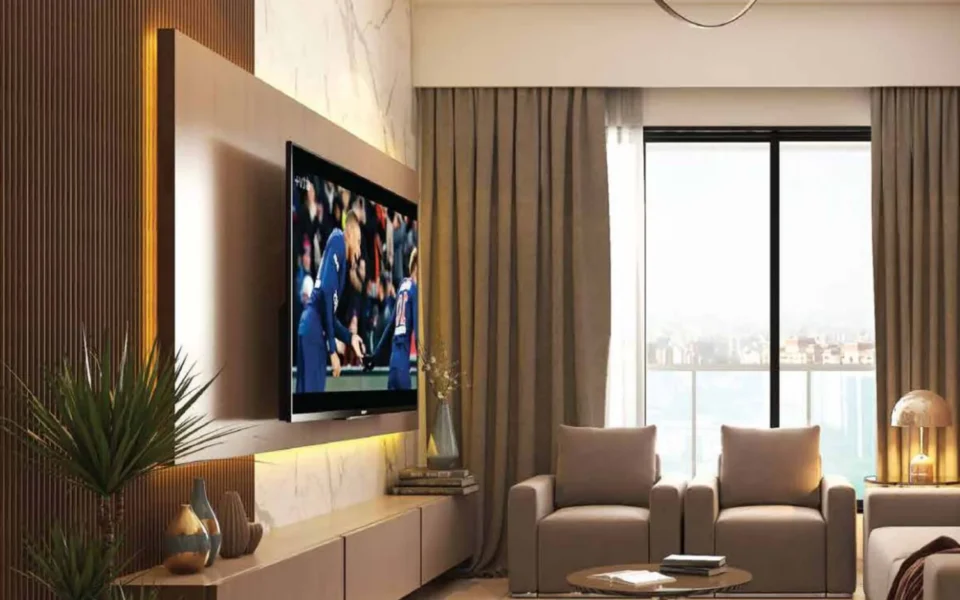 Nirmal Kunj Vile Parle West living room interior with city view