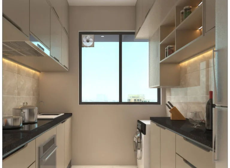 Ivory Heights Vile Parle East kitchen interior with city view