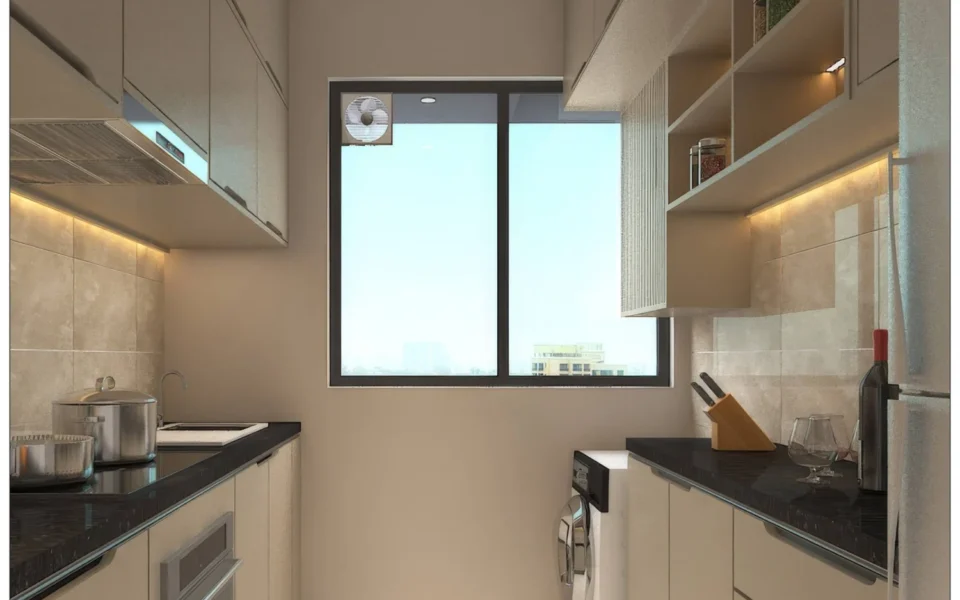 Ivory Heights Vile Parle East kitchen interior with city view