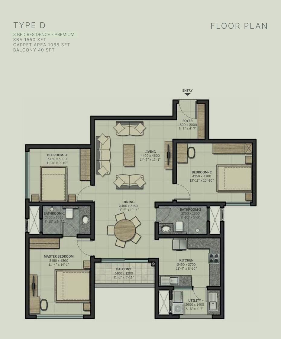 3 BHK Premium – Type D, 1,068 sq ft carpet