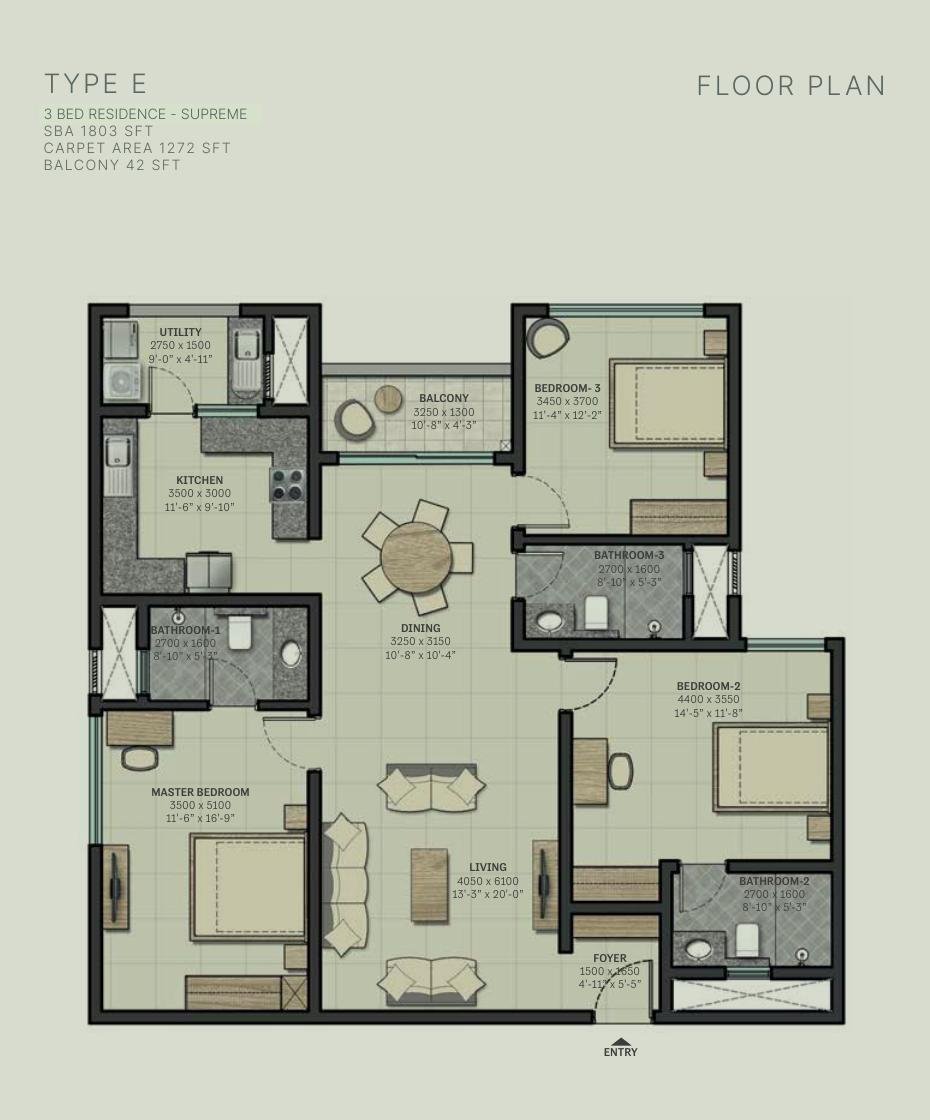 3 BHK Supreme – Type E, 1,272 sq ft carpet