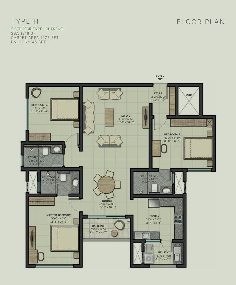 3 BHK Supreme – Type H, 1,272 sq ft carpet
